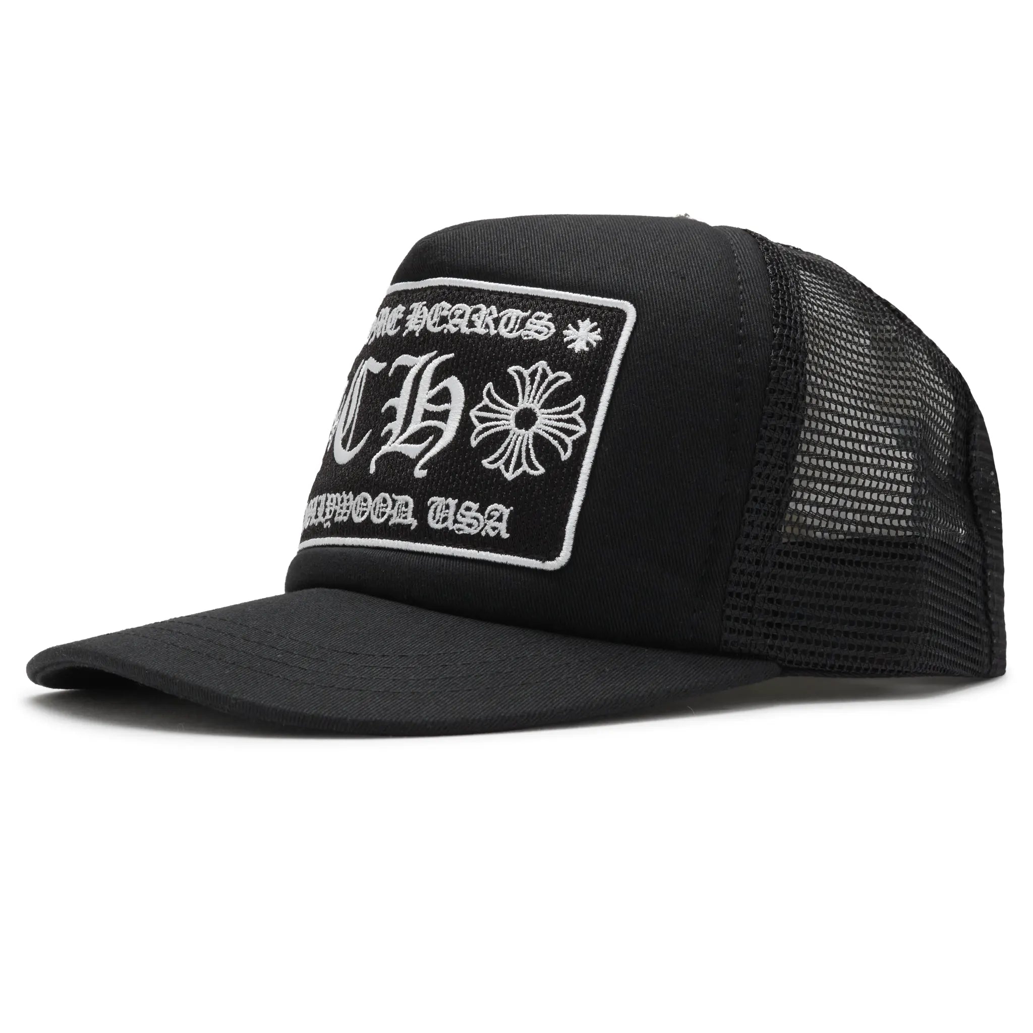 Front Side View of Chrome Hearts CH Hollywood Usa Black Trucker Cap